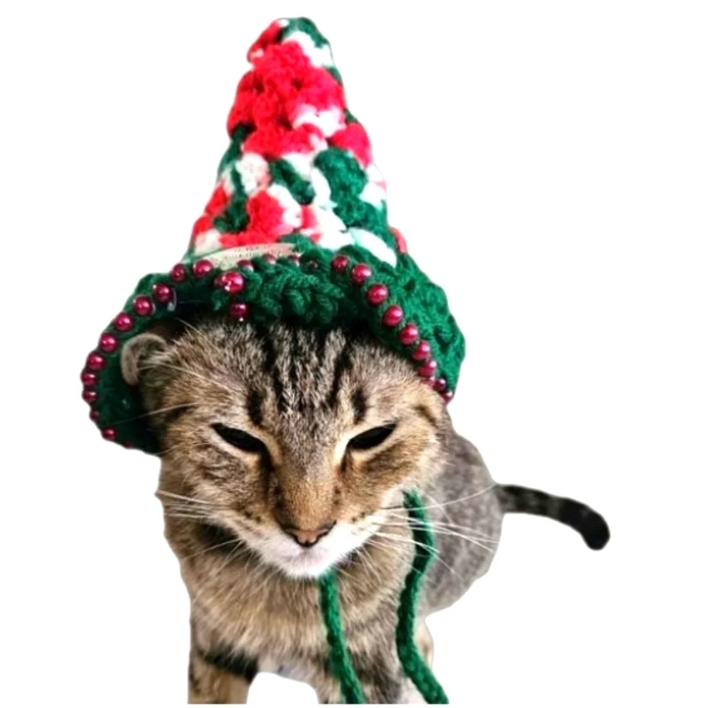 Handmade Christmas Santa Hat for Pets Hand Knit Crochet Hat for Cats Dogs Granny